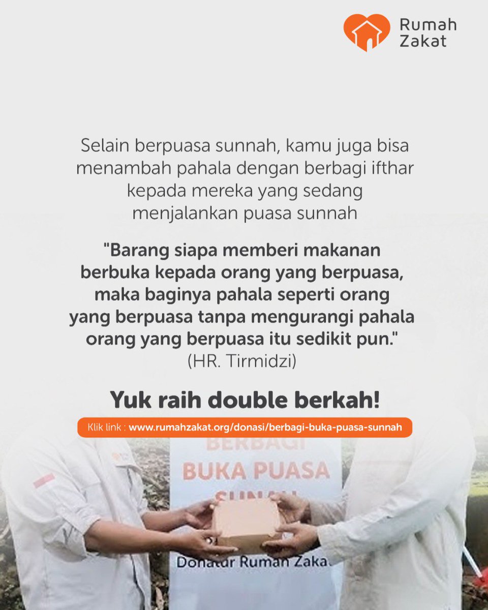 rumahzakat's tweet photo. Pintu-pintu surga dibuka setiap hari Senin dan Kamis, memberi kesempatan luas bagi hamba-hamba-Nya untuk meraih rahmat dan ampunan.

Rasulullah SAW menganjurkan kita untuk memperbanyak ibadah di hari tersebut, salah satunya dengan puasa sunnah.

Selain berpuasa, kita juga bisa menambah pahala dengan berbagi ifthar kepada mereka yang menjalankan puasa sunnah. 

Yuk, lipatgandakan pahala dengan berbagi ifthar puasa sunnah!

Klik link : https://t.co/B9UncI2elQ

#RumahZakat #BikinBahagia #ZakatOnline #Zakat #hartaberkah