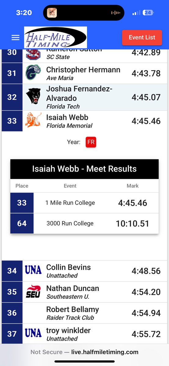 First Collegiate Indoor Race

On 1/24/2025 I broke FMU previous record of the 3000m and 1 Mile and became the new school record holder.

More work to be done.
#fmu #HBCU #FLOMO