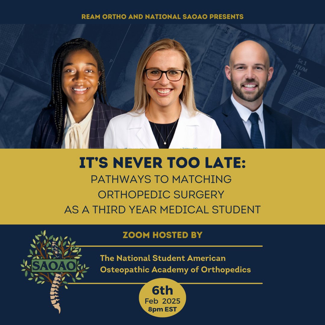 Join REAM Ortho in a Zoom Collaboration event with the National SAOAO for a don't miss panel discussion! Our cofounder Dr. Morgan Turnow along with Resident Mentors Dr. Desiree Ojo and Dr. Tyler Williamson discuss how they matched into orthopedic surgery after deciding later in