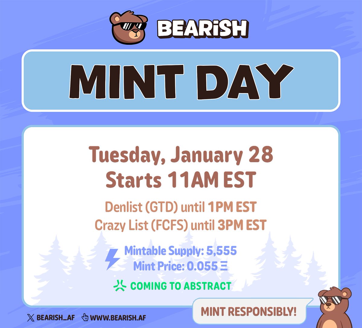 BEARISH MINT DETAILS 🐻 

We can't wait to welcome you to the Bearish fam very soon. 

Get ready. We're minting Tuesday.