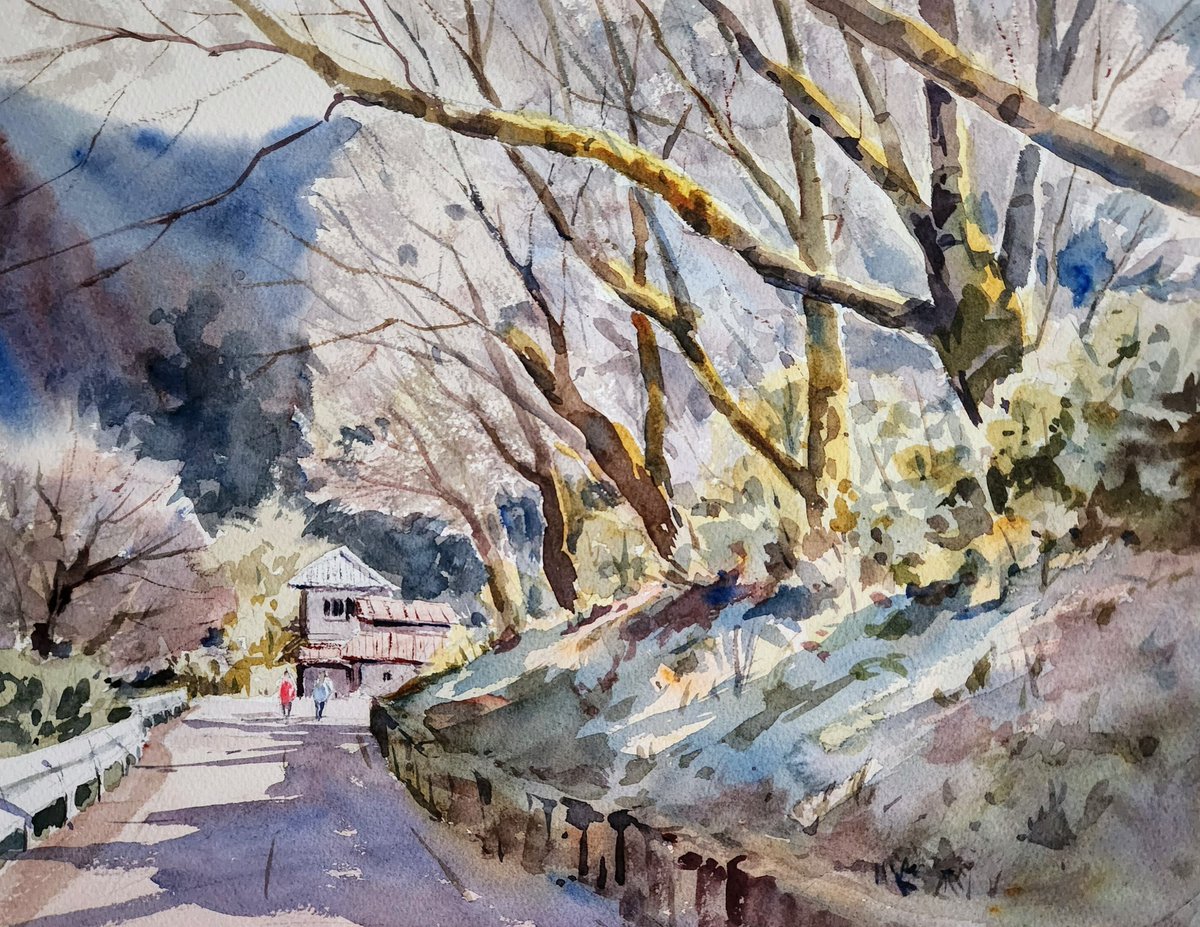 3色を選んで冬木立を描きました。教室のデモです。 #透明水彩 #水彩画