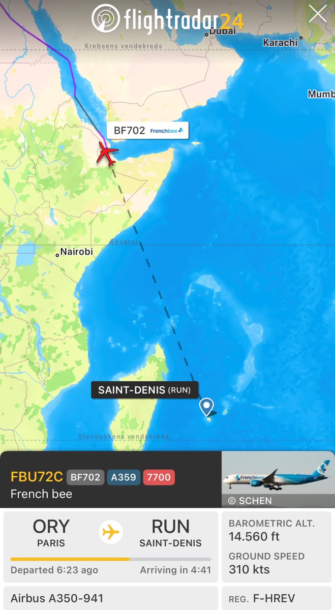 aviationdk's tweet photo. ALERT: French Bee flight #BF702 to Saint-Denis has declared an emergency over Djibouti. The airliner is currently descending rapidly. 
Reason unknown. https://t.co/854kdLcIRh