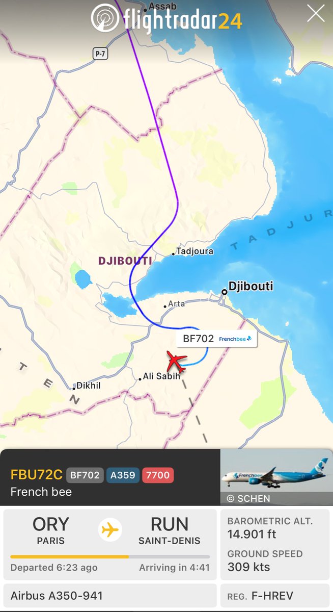 aviationdk's tweet photo. ALERT: French Bee flight #BF702 to Saint-Denis has declared an emergency over Djibouti. The airliner is currently descending rapidly. 
Reason unknown. https://t.co/854kdLcIRh