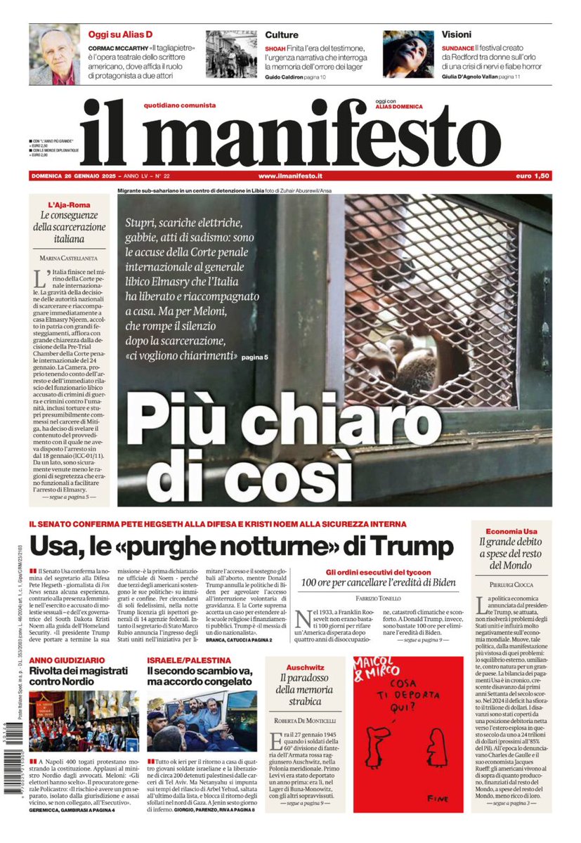 ilmanifesto's tweet photo. Stupri, scariche elettriche, gabbie, atti di sadismo: sono le accuse della Corte penale internazionale al generale libico Elmasry che l’Italia ha liberato e riaccompagnato a casa. Ma per Meloni, che rompe il silenzio dopo la scarcerazione, «ci vogliono chiarimenti» https://t.co/8FpRBMK3qD