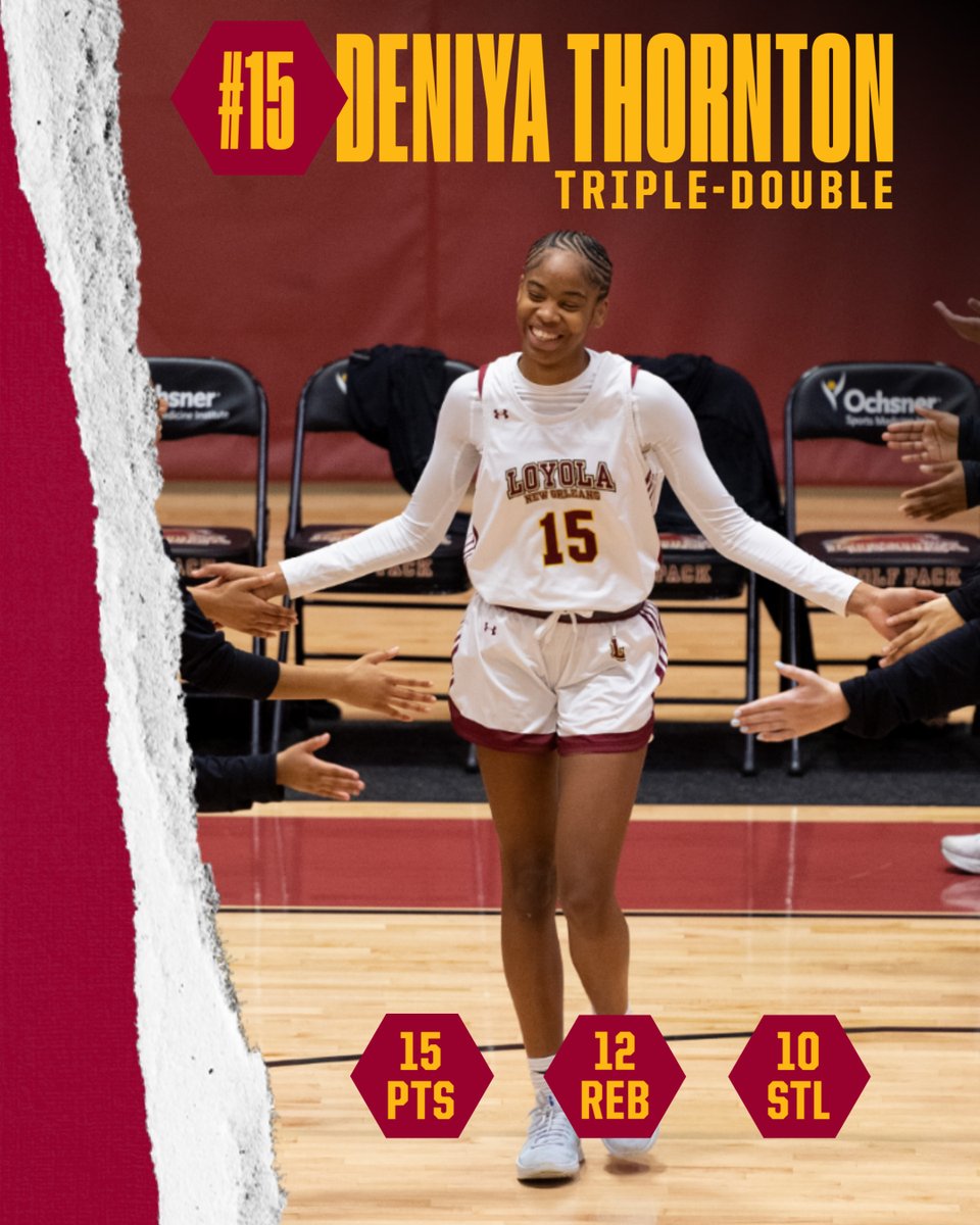 LoyolaWolfPack's tweet photo. Deniya Thornton did it all on Saturday! 

The sophomore notched the program's first triple-double since 2018. 

#GeauxPack https://t.co/a6WPbqGbC3