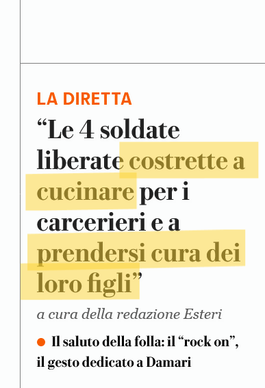 rafforiani's tweet photo. Per mesi ci hanno raccontato di stupri, maltrattamenti torture. Poi sono libere e @repubblica non sa più cosa fare. Ammesso coprirsi di ridicolo, vietato dire che stanno bene. #GazaScortamediatica https://t.co/81aHAW5GTi