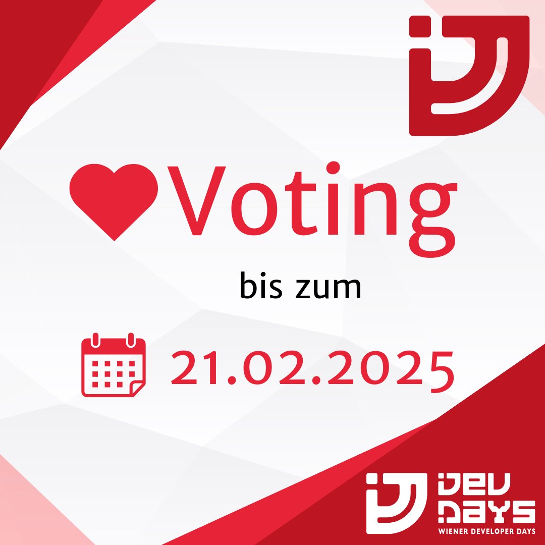 Ihr habt bis zum 21.02.2025 Zeit Beiträge, die ihr gern auf den Wiener-DevDays sehen wollt, mit einem Herz zu markieren. Das liefert uns die Entscheidungsgrundlage für den finalen Session-Plan. 

Voten könnt ihr hier: wiener-devdays.at/act-overview

#wienerdevdays #wienerdevdays25