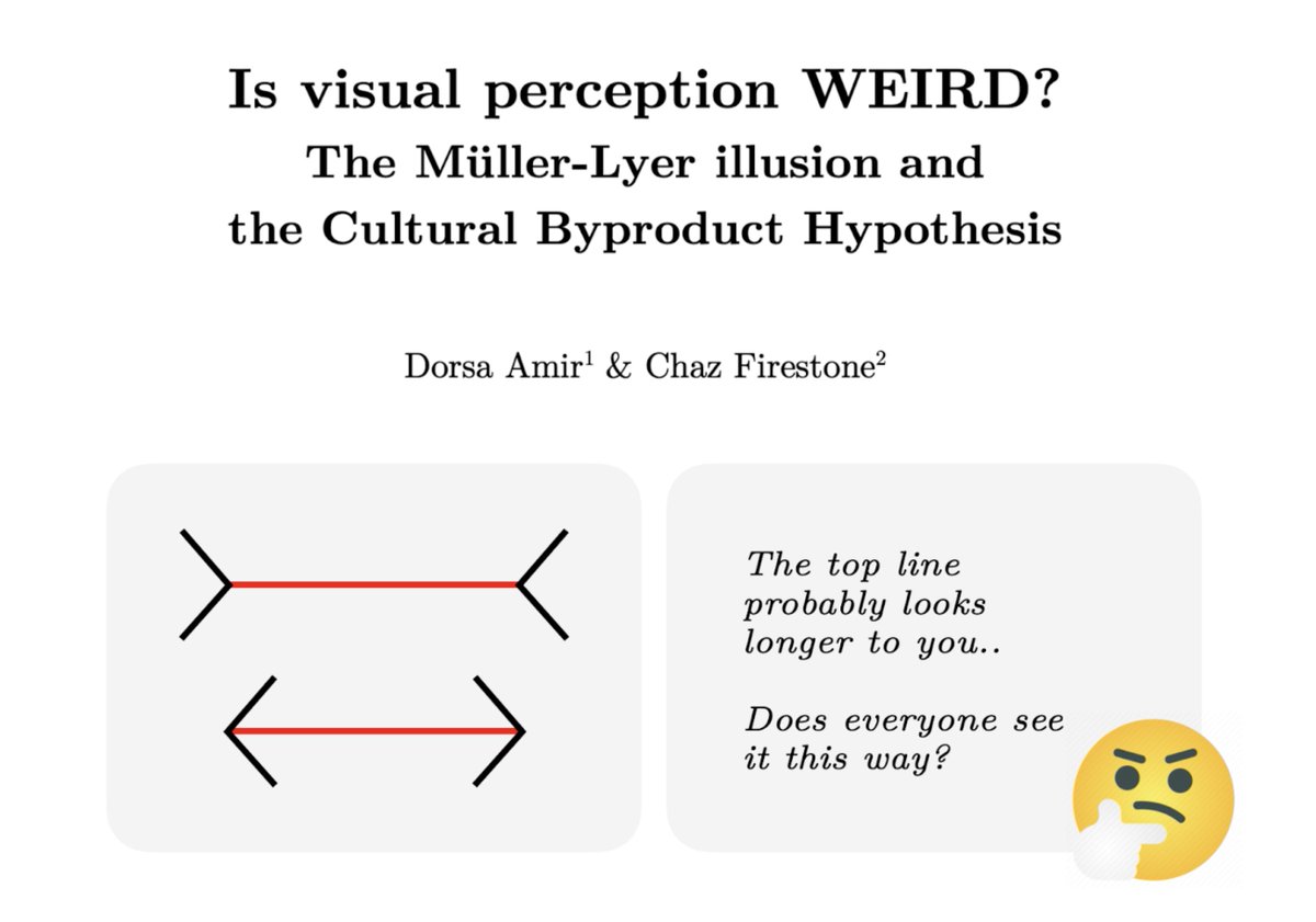 Dorsa Amir (@dorsaamir) on Twitter photo Does the culture you grow up in shape the way you see the world? In a new Psych Review paper, <a href="/chazfirestone/">Chaz Firestone</a> & I tackle this centuries-old question using the Müller-Lyer illusion as a case study. Come think through one of history's mysteries with us🧵(1/13): Does the culture you grow up in shape the way you see the world? In a new Psych Review paper, <a href="/chazfirestone/">Chaz Firestone</a> & I tackle this centuries-old question using the Müller-Lyer illusion as a case study. Come think through one of history's mysteries with us🧵(1/13):