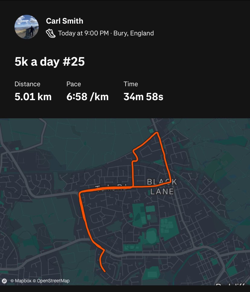 car75mith's tweet photo. These 49 year old legs of mine are starting to feel these 5Ks. 25 down 340 to go #5kaday #365 #fitfor50 https://t.co/J1rxEn7mSx