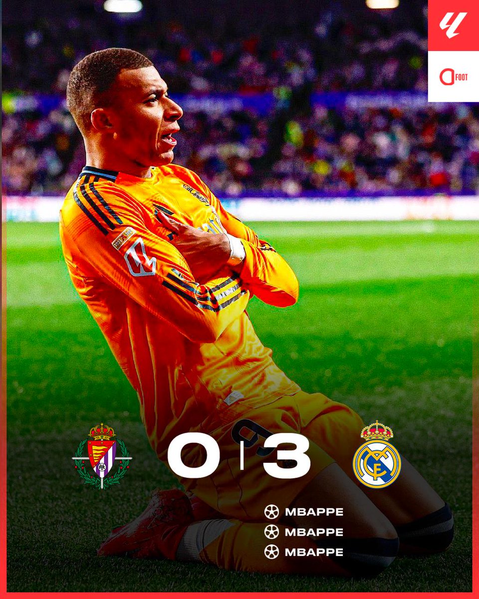ActuFoot_'s tweet photo. 🚨 𝗟𝗘 𝗥𝗘𝗔𝗟 𝗗𝗘 𝗞𝗬𝗟𝗜𝗔𝗡 𝗠𝗕𝗔𝗣𝗣𝗘́ 𝗦’𝗜𝗠𝗣𝗢𝗦𝗘 𝗔̀ 𝗩𝗔𝗟𝗟𝗔𝗗𝗢𝗟𝗜𝗗 ! 🤍

Les Merengue sont premiers et prennent 4 points d’avance sur leur dauphin. 🥇

Kylian Mbappé 🇫🇷, auteur d’un doublé, porte son bilan à 26 G/A en 32 matches TCC cette saison. 🤩 https://t.co/NvqllcbJm7