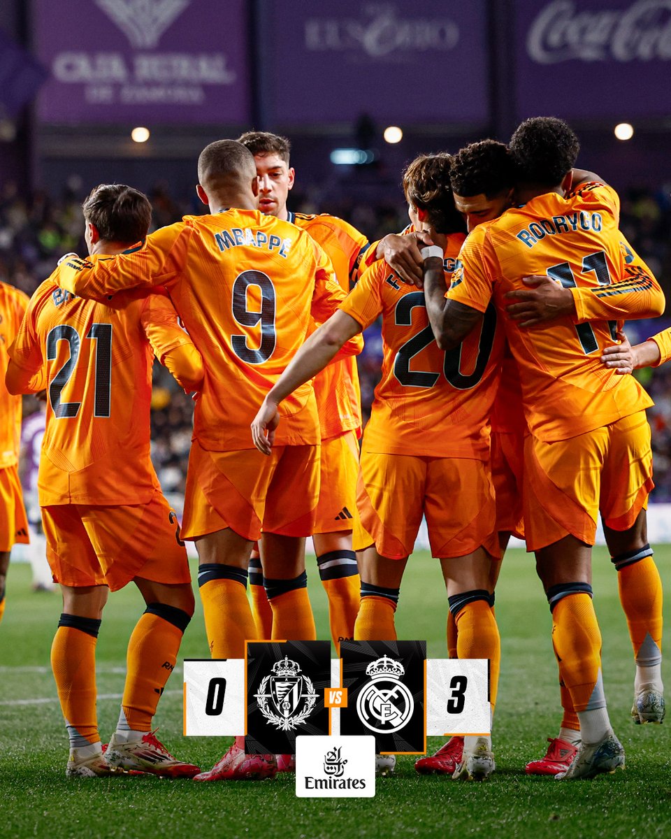 realmadriden's tweet photo. 🏁 @RealValladolidE 0-3 @RealMadridEn 
⚽ 30' @KMbappe
⚽ 57' @KMbappe
⚽ 90'+1' @KMbappe (p.)
@emirates https://t.co/e5K5RBeosF