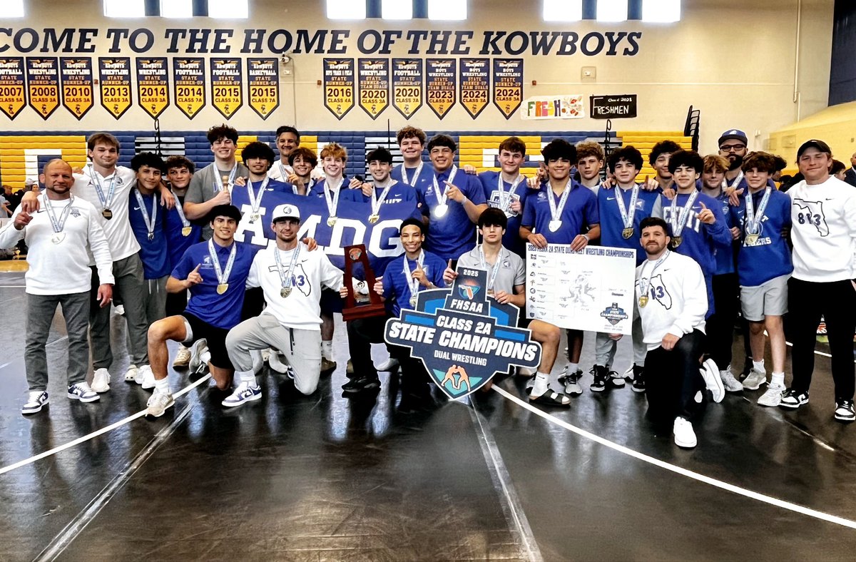 JesuitTampaFL's tweet photo. STATE CHAMPIONS!

Jesuit wrestling, ranked No. 2, knocked off No. 1 Lake Gibson, No. 4 Somerset Academy, and No. 3 Charlotte in succession to win the Class 2A State Duals title today in Kissimmee!

It is the 4th team State Championship for the Tigers, following a State Duals crown in 2020 and State Tournament titles in 2022 and 2024, all under head coach Sal Basile.

It started Friday with the 1 v. 2 showdown with Lake Gibson, and pins by Anthony Rametta (285) and Brock Glover (113) catapulted Jesuit to a 40-21 win. 

The semifinal this morning v. the defending Class 1A State Champ, Pembroke Pines Somerset Academy, featured a huge comeback. Trailing 22-9, the Tigers were sparked by Zach Leto's last-second triumph at 106 that launched Jesuit to 6 victories in the final 7 matches en route to a nailbiting 34-28 win.

In the final v. Charlotte, the Tigers rocketed out of the gate with 5 straight wins, including a trio of pins by K.J. Vazquez (157), Draven McCall (165) and Robert Bossowski (190). Jesuit clinched the 59-13 win a few matches before Mason Basile (150) officially closed it out with a major decision and the celebration began.

Also winning matches for the Tigers this weekend were Malachi Ortiz, Reid Yakes, John Alvarado, Jayden Bowles, Aidan Garrity, Macho Mendez, and Xavier Albo, who was sensational in an OT win over the No. 1-ranked 144-pound wrestler, Jaiden Oliver of Lake Gibson.

This is the first of two opportunities for Jesuit wrestling to win a team State Championship this season. In March, the Tigers will try to defend their State Tournament crown from last season.

Congratulations, Tigers!

#AMDG #GoTigers #StateChamps