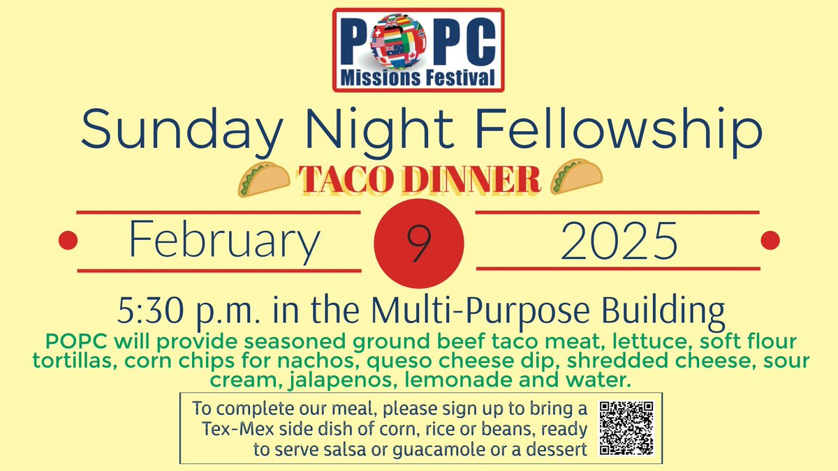 Our next SNF is coming up! POPC will provide seasoned ground beef taco meat, lettuce, soft flour tortillas, corn chips for nachos, queso cheese dip, shredded cheese, sour cream, jalapenos, lemonade and water. To complete our meal, please visit signupgenius.com/go/10C094AA4A7….