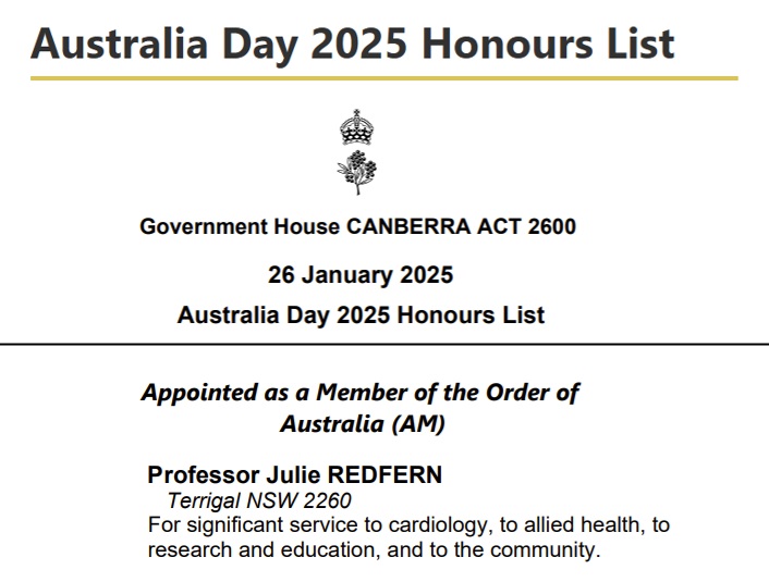 Julie Redfern AM ♡ (@jredheart) on Twitter photo Very honoured - thank you to all my friends and colleagues ❤️
<a href="/BondUniversity/">Bond University</a> <a href="/Sydney_Uni/">University of Sydney</a> <a href="/nhmrc/">NHMRC</a> <a href="/SLSAustralia/">Surf Life Saving Australia</a> <a href="/slsnsw/">Surf Life Saving NSW</a> <a href="/heartfoundation/">Heart Foundation</a> <a href="/OzCvA/">ACvA</a> <a href="/SOLVECHD/">❤️SOLVECHD❤️</a> <a href="/ACRA_ACRA/">ACRA</a>
#OrderofAustralia #AustralianHonours Very honoured - thank you to all my friends and colleagues ❤️
<a href="/BondUniversity/">Bond University</a> <a href="/Sydney_Uni/">University of Sydney</a> <a href="/nhmrc/">NHMRC</a> <a href="/SLSAustralia/">Surf Life Saving Australia</a> <a href="/slsnsw/">Surf Life Saving NSW</a> <a href="/heartfoundation/">Heart Foundation</a> <a href="/OzCvA/">ACvA</a> <a href="/SOLVECHD/">❤️SOLVECHD❤️</a> <a href="/ACRA_ACRA/">ACRA</a>
#OrderofAustralia #AustralianHonours