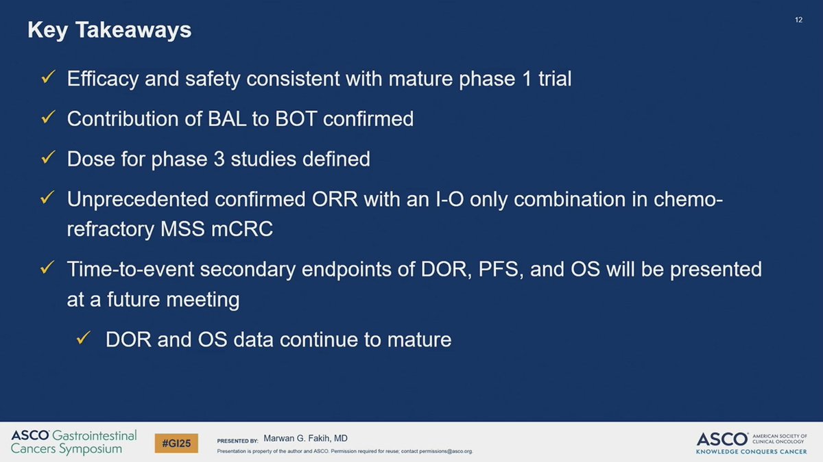 Ryan Huey, MD, MS (@ryanhuey) on Twitter photo Dr. <a href="/mgfakih/">Dr. Marwan G. Fakih</a> with P2 BOT/BAL study in refractory MSS mCRC w/o liver mets (vs TAS-102 or rego). BOT/BAL 75mg ORR 19% vs 0% SOC. Responses seem durable (data not yet mature). #GI25 Dr. <a href="/mgfakih/">Dr. Marwan G. Fakih</a> with P2 BOT/BAL study in refractory MSS mCRC w/o liver mets (vs TAS-102 or rego). BOT/BAL 75mg ORR 19% vs 0% SOC. Responses seem durable (data not yet mature). #GI25