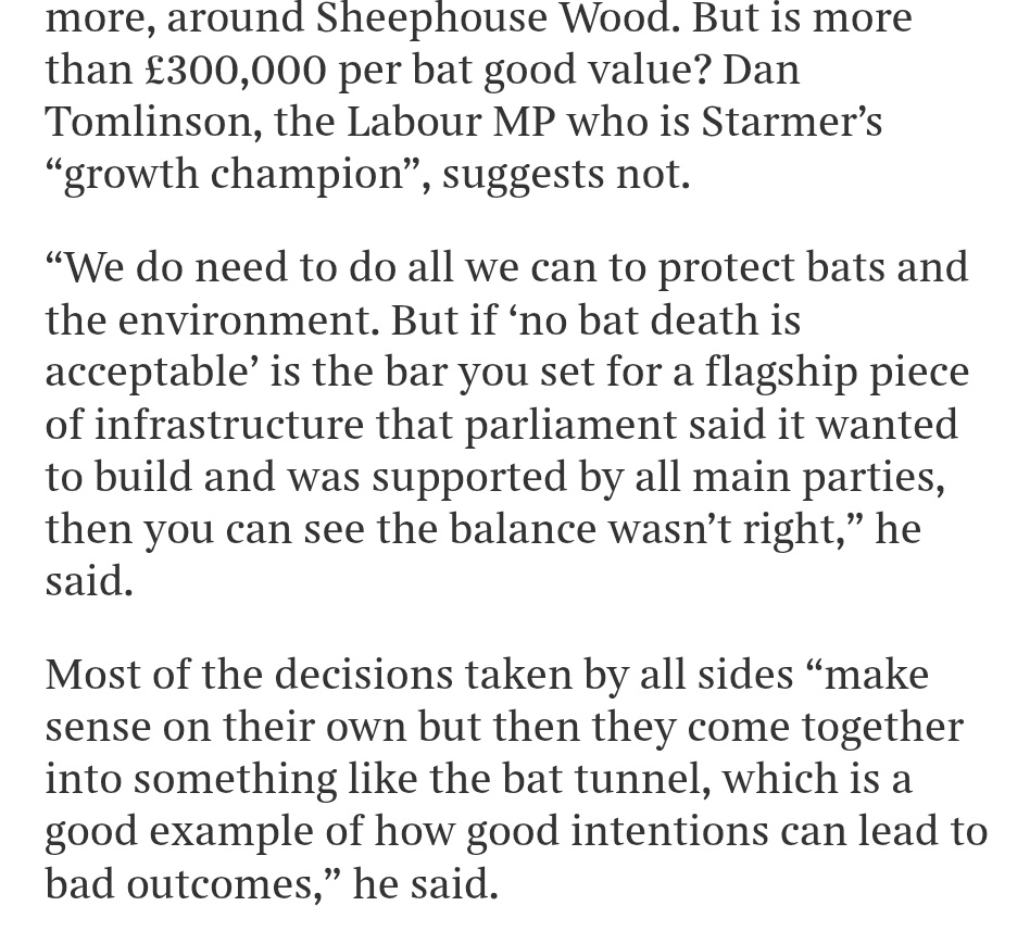Dan4Barnet's tweet photo. Good to see The Times write up the bat tunnel story, and glad to add my 2p to their account.

The key thing for the future is that Labour's planned Nature Restoration Fund will put an end to these expensive within-project "mitigations". Instead, we will be able to raise and direct funds to preserve and enhance our environment to where it will have the most impact. 

A genuine win-win.

 https://t.co/opRSrc9mHC
