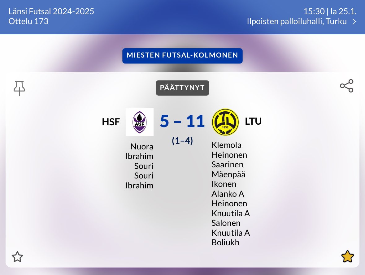 Miesten Futsal-Kolmonen:

HSF - LTU 5-11 (1-4)

tulospalvelu.palloliitto.fi/match/3682675/…