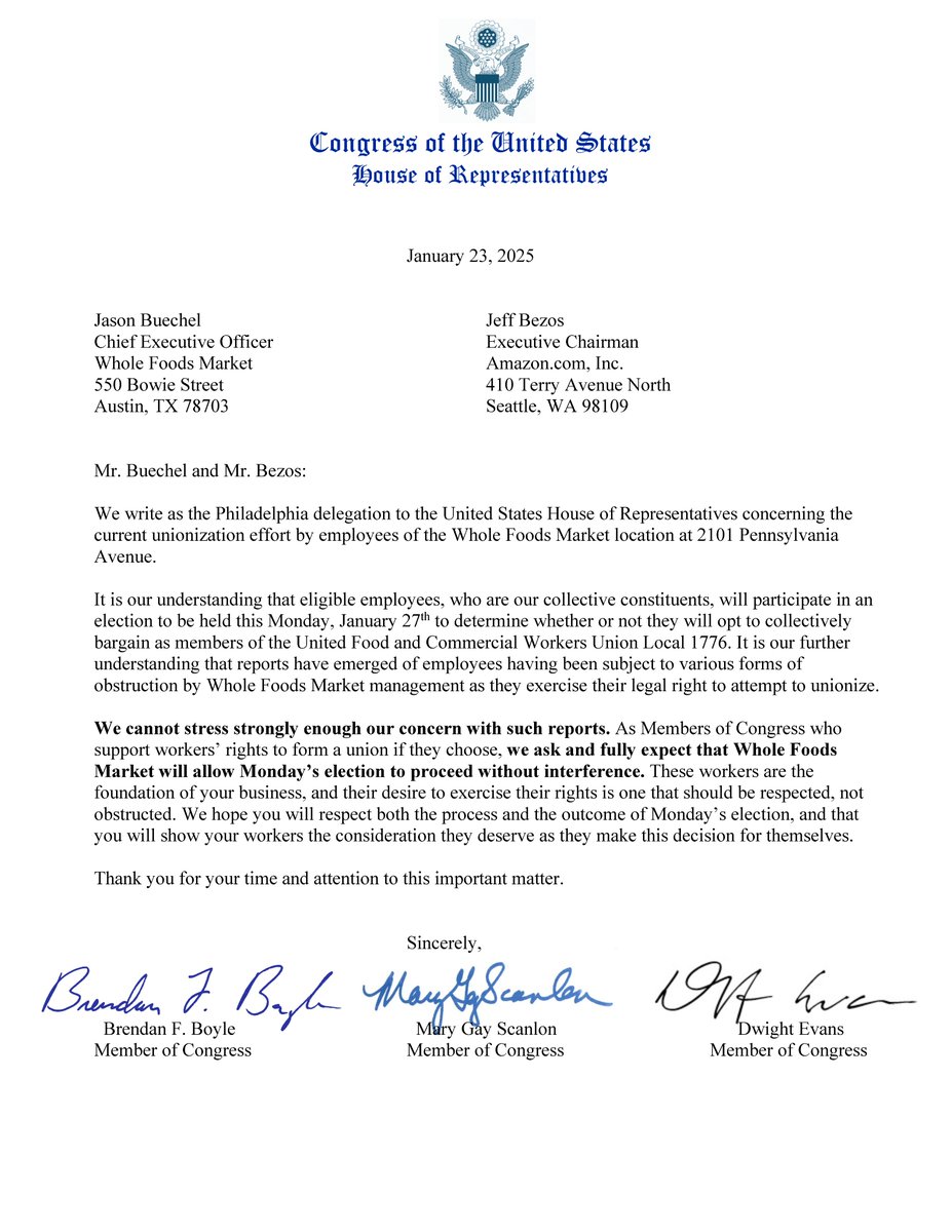 Whole Foods workers in Philadelphia and across the country deserve to have their right to form a union respected.

Alongside <a href="/RepMGS/">Congresswoman Mary Gay Scanlon</a> and <a href="/RepDwightEvans/">Congressman Dwight Evans</a>, I'm calling on Whole Foods to respect its employees’ rights ahead of Monday's election at the Whole Foods in Center City.