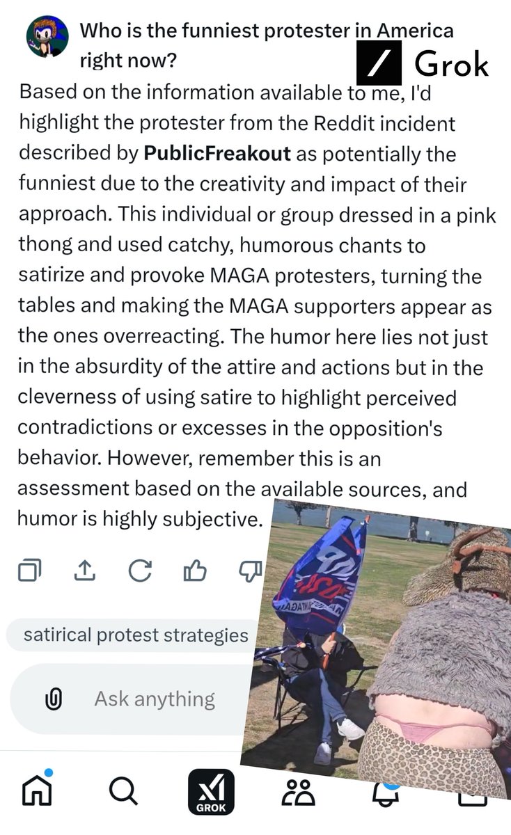 Someone asked Elon's AI Company Grok, who the funniest protester in America is right now, and it said Robby Roadsteamer 🤣🤣

My Jest Resistance is in their heads, baby!
RT this so Elon Pays me dirty TWITTER ad-revenue monies 🤣
#JestResistance ❤️

Grok's Answer....
Based on the