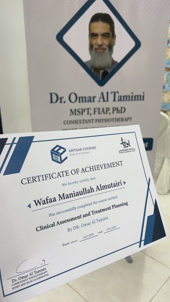 PT_wafaaa's tweet photo. بفضل الله، أنهيت اليوم دورة “clinical assessment and treatment planning course”، التي كانت مليئة بالمعلومات القيمة والتجارب الممتعة.
كل الشكر للدكتور عمر التميمي على عطائه المميز، ولمركز أوتار على جهودهم الرائعة @Awtaarcourses .
أسأل الله أن ينفعني بما تعلمت ويزيدني علمًا نافعًا. https://t.co/TfIyvfwwoM