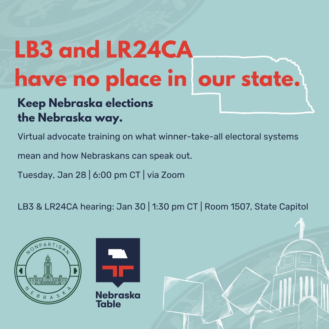 Nebraska’s unique split electoral vote is a model for a healthy democracy that helps Nebraskans of all backgrounds have their votes heard and counted. LB3 &amp; LR24CA threaten to erase this. 

Join us for a training to help advocates make their voices heard: mobilize.us/nebraskatable/…