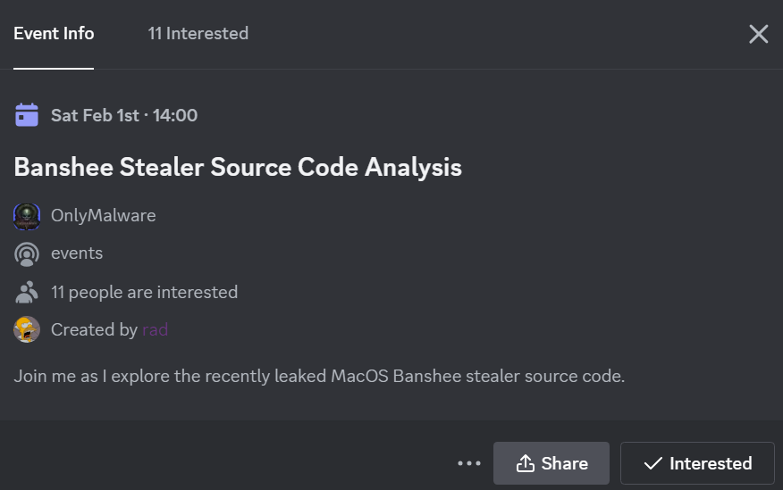 Join me next week at Saturday 2PM UTC as we explore the recent Banshee MacOS stealer source code leak😎

discord.gg/aAAYwVes?event…