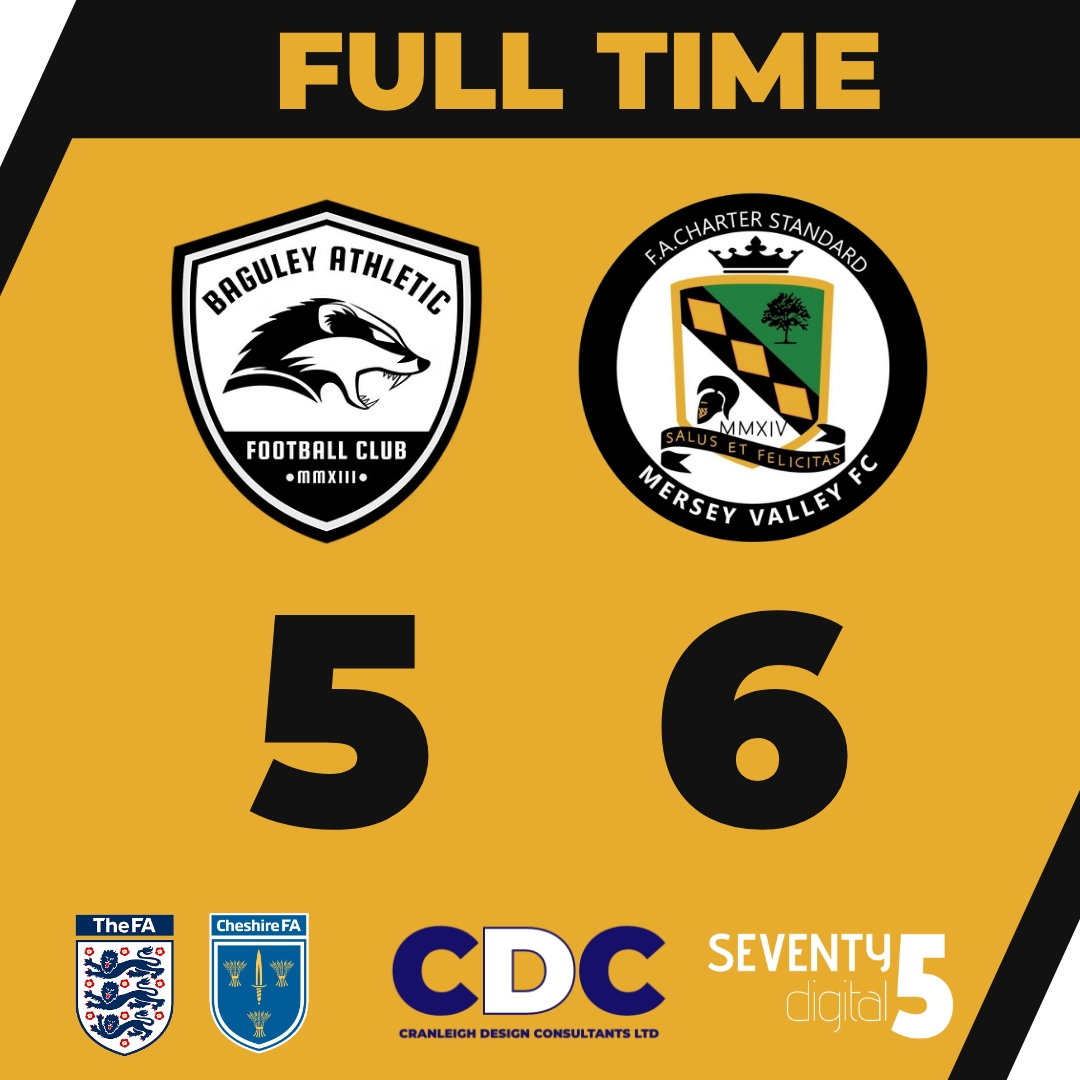 FULL TIME

Altrincham &amp; District FA Cup 2nd Round
Baguley Ath Res 5
Mersey Valley 6

A cup classic as a late Reece Skelton goal wins it!! Other goals from Owen Adams (2), Mike Woolley (2) and Jordan Downing.

Good luck to our hosts for the rest of the season.

#AmberArmy 🟠⚫⚽