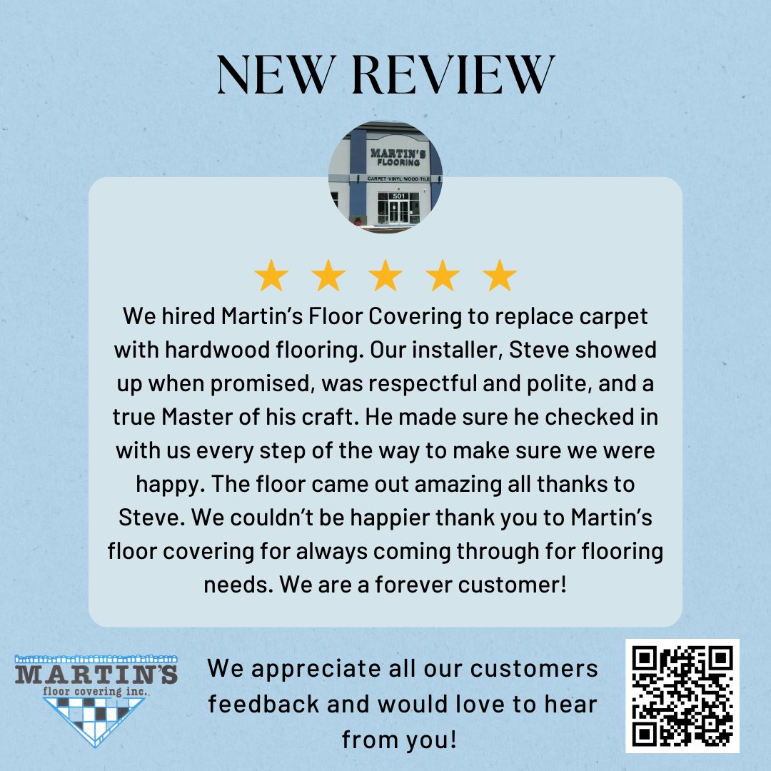 MartinsfloorUS's tweet photo. We would love to hear from you! Scan the QR code above or search Martin Floor Coverings to let us know how your experience was working with us!
#Reviews #Flooring https://t.co/Vi4yCl4gab