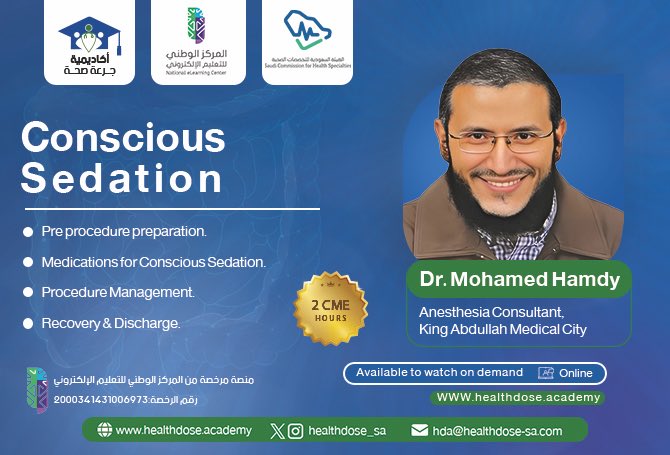 Watch our new accredited CME activity   

" Conscious Sedation " 

🎥 available to watch OnDemand

💰 50 SAR 

2 CME hours 

For all healthcare specialties 

📲  healthdose.academy/courses/37/con…