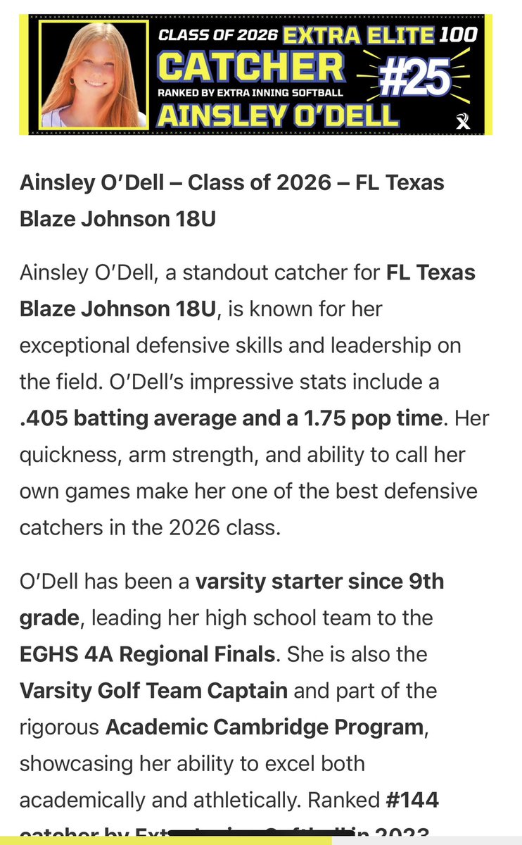 Thank you <a href="/ExtraInningSB/">EXTRA INNING SOFTBALL</a> for ranking me the 25th best catcher in the class of 2026!! 
<a href="/fl_texasblaze/">Texas Blaze (FL) 18U-Johnson</a> <a href="/leobsbl/">Leo Rojas</a> <a href="/BaynesCoach/">Coach Baynes</a> <a href="/ashlieghmclean/">Ashliegh McLean</a> <a href="/MikeMeyersFIU/">Mike Meyers</a> <a href="/defo25/">Stephanie DeFeo</a> <a href="/shafermedia/">kevin shafer</a>