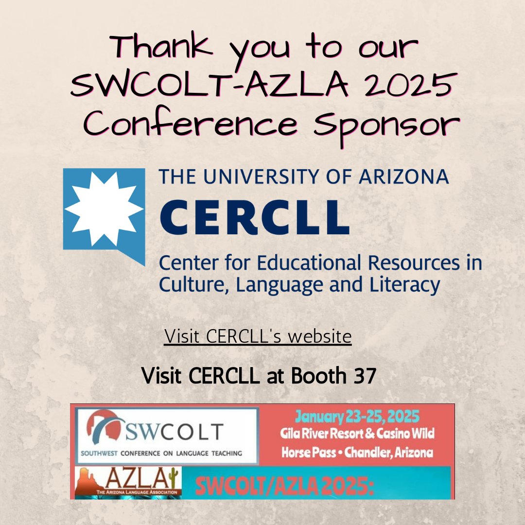 SWCOLT (@swcoltorg) on Twitter photo Don't forget to stop by to visit CERCLL at SWCOLT-AZLA 2025. They have amazing resources and PD opportunities that can benefit your students . . . and you! cercll.arizona.edu <a href="/jraught/">Jocelyn D Raught</a> <a href="/CERCLL/">CERCLL - UArizona</a> <a href="/langchatPLN/">#LangChat RELAUNCH</a> <a href="/actfl/">ACTFL</a> <a href="/AATSPglobal/">AATSP</a> <a href="/AATFrench/">AATF</a> <a href="/AATGOnline/">AATG</a> Don't forget to stop by to visit CERCLL at SWCOLT-AZLA 2025. They have amazing resources and PD opportunities that can benefit your students . . . and you! cercll.arizona.edu <a href="/jraught/">Jocelyn D Raught</a> <a href="/CERCLL/">CERCLL - UArizona</a> <a href="/langchatPLN/">#LangChat RELAUNCH</a> <a href="/actfl/">ACTFL</a> <a href="/AATSPglobal/">AATSP</a> <a href="/AATFrench/">AATF</a> <a href="/AATGOnline/">AATG</a>