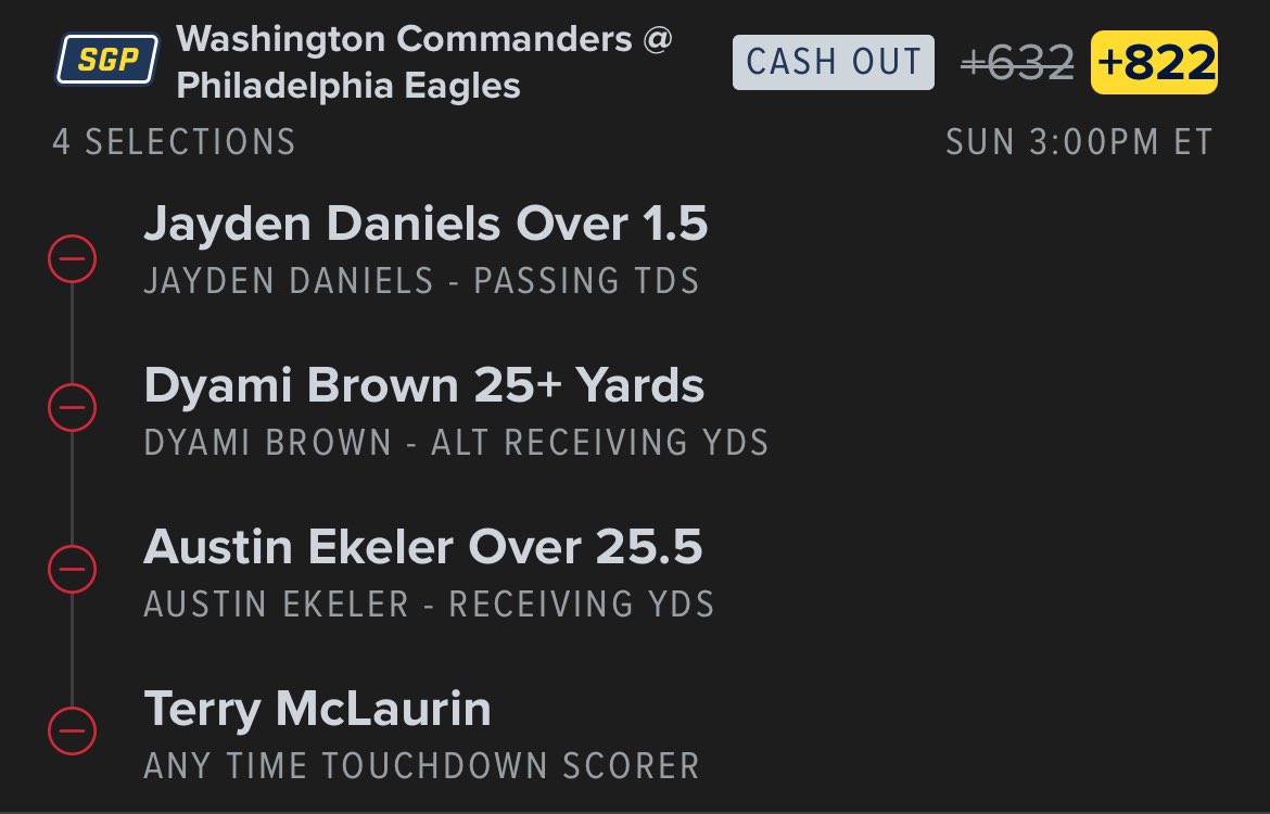 JayDanielsMVP's tweet photo. Commanders/Eagles parlay 🫡

(two different versions, one with McLaurin TD, other with Ertz TD) https://t.co/i1tI2h5Xao