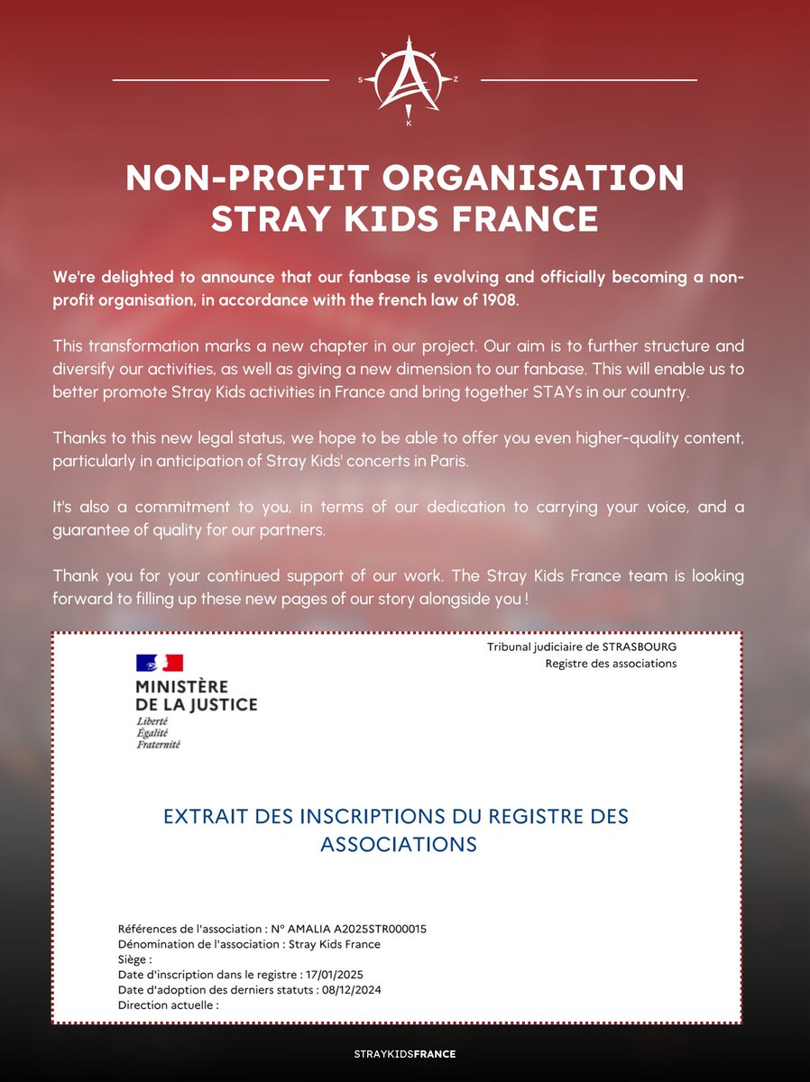 📢 ASSOCIATION STRAY KIDS FRANCE 

🇫🇷 Surprise ! Nous sommes ravis de vous annoncer une grande nouvelle : notre fanbase devient officiellement une association à but non lucratif! 

🇬🇧 Surprise ! We couldn’t wait to share this exciting news with you : our fanbase is officially