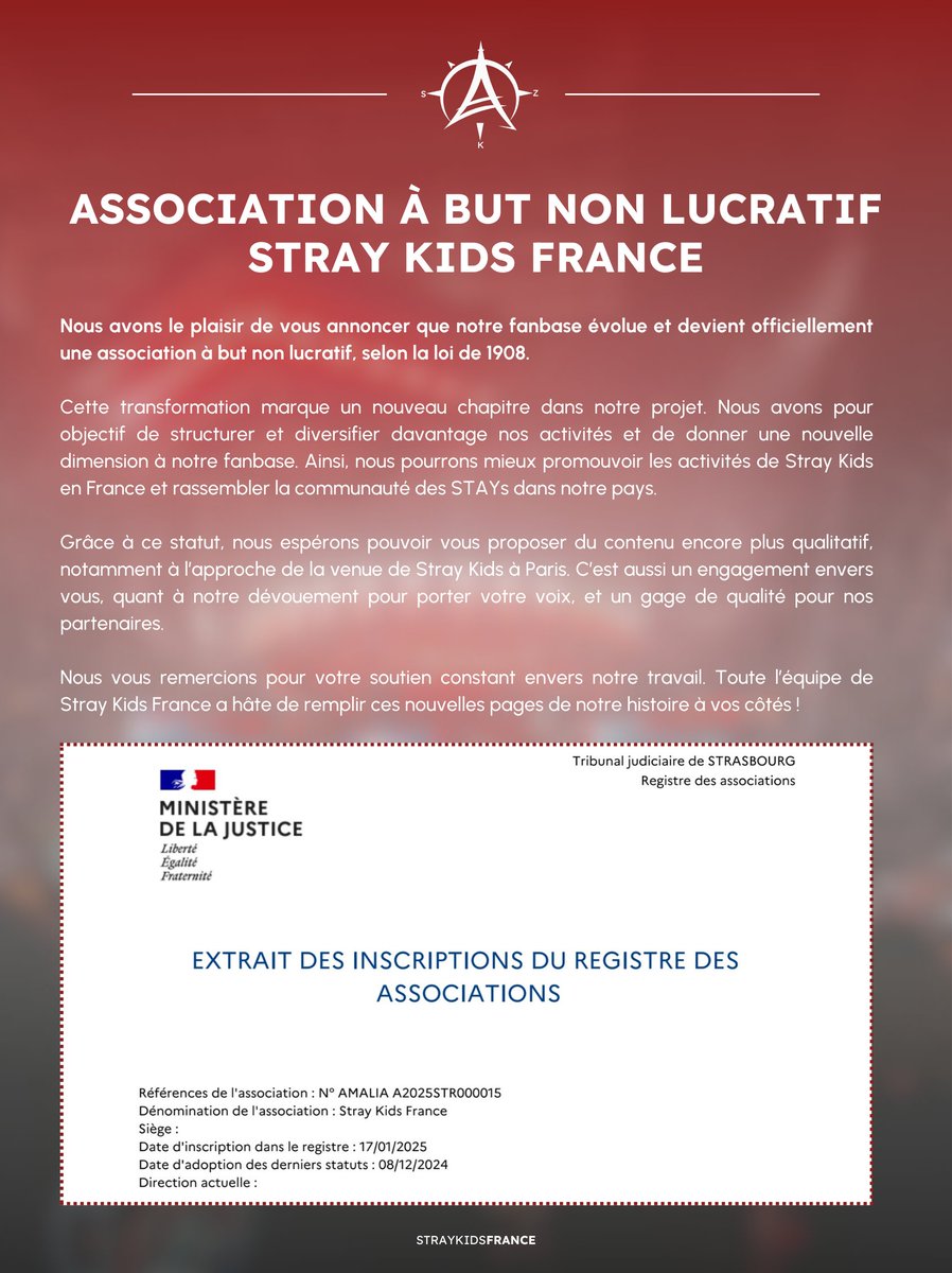 StrayKidsFrance's tweet photo. 📢 ASSOCIATION STRAY KIDS FRANCE 

🇫🇷 Surprise ! Nous sommes ravis de vous annoncer une grande nouvelle : notre fanbase devient officiellement une association à but non lucratif! 

🇬🇧 Surprise ! We couldn’t wait to share this exciting news with you : our fanbase is officially becoming a non-profit organisation!

#StrayKids #스트레이키즈 
@Stray_Kids