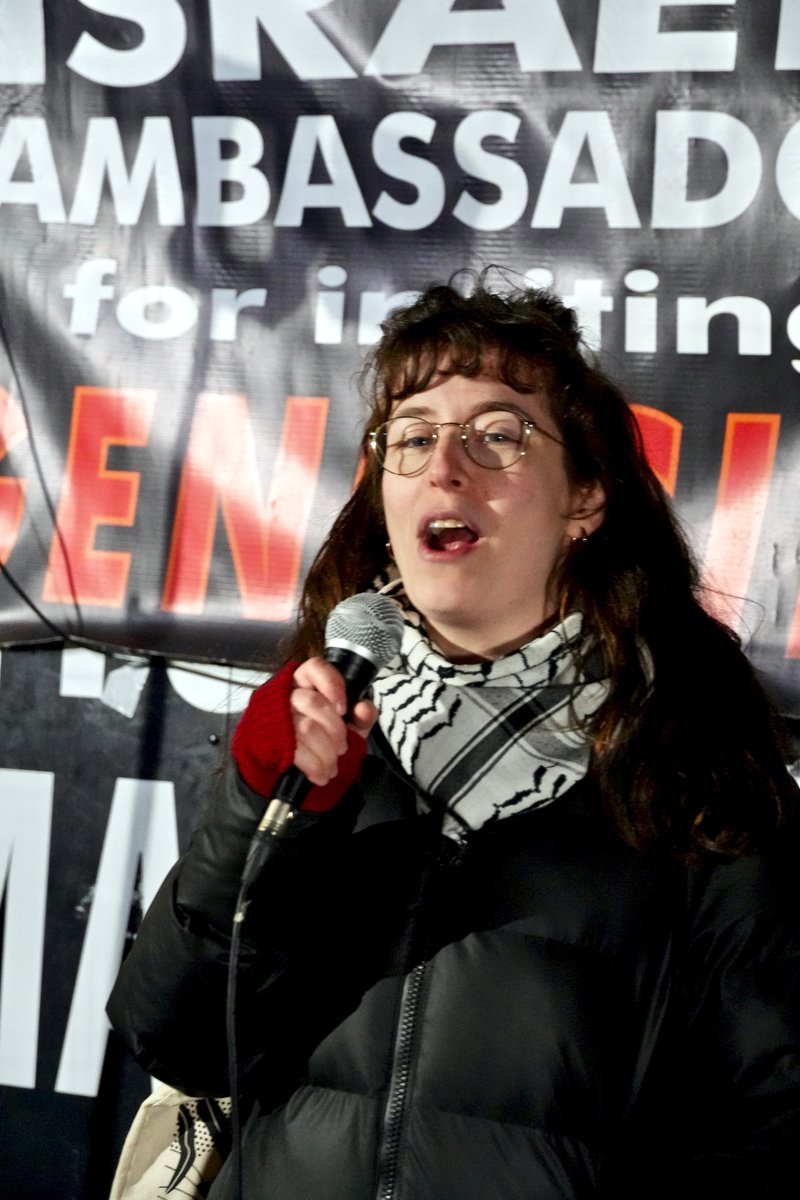 German comrade speaking <a href="/IJAN_Network/">IJAN</a> protest against <a href="/TzipiHotovely/">Tzipi Hotovely</a> protest yesterday