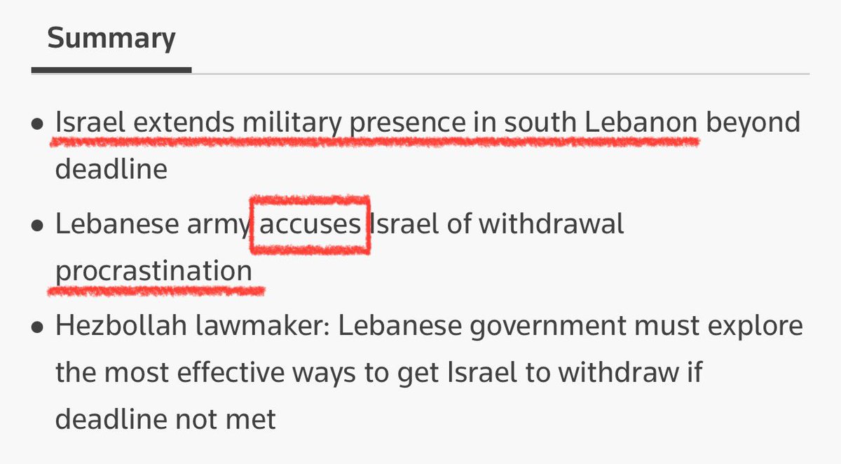 Pay attention to the language here. It’s subtle but important.

Israel “extends military presence” and “procrastination” normalize and downplay its illegal occupation and violation of the ceasefire.

When the Lebanese army says so, “accuses” makes it sound like it’s not a fact.