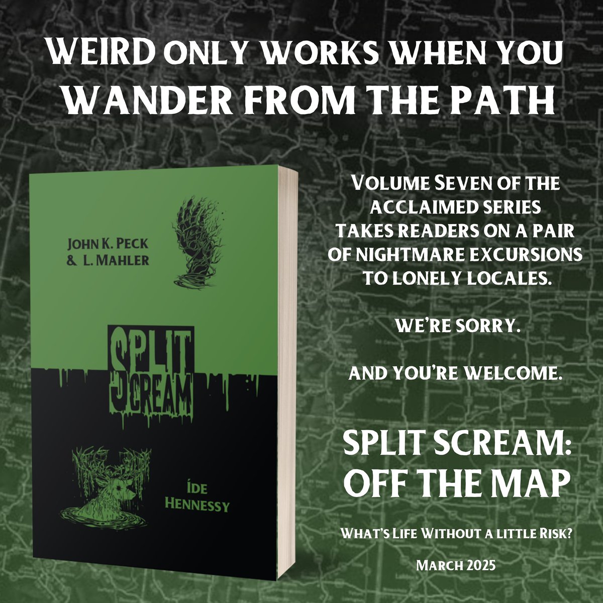 SPLIT SCREAM: OFF THE MAP “evokes the atmospheric quality of David Lynch’s work, the sense of shadow &amp; darkness that is both Void &amp; pulsing with life” - GOODREADS review🖤☠️

OFF THE MAP is available as part of our 2025 Book Club:
store.tenebrouspress.com