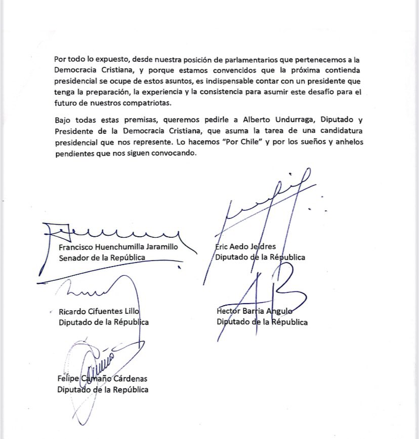 Hola, como diputados DC este viernes suscribimos esta carta para que <a href="/aundurragav/">Alberto Undurraga</a> asuma los desafíos que Chile requiere resolver de manera urgente. 
<a href="/guayacancl/">Guayacán CL</a> <a href="/eldia_cl/">Diario El Día</a> <a href="/EmolTV/">EMOL TV</a>