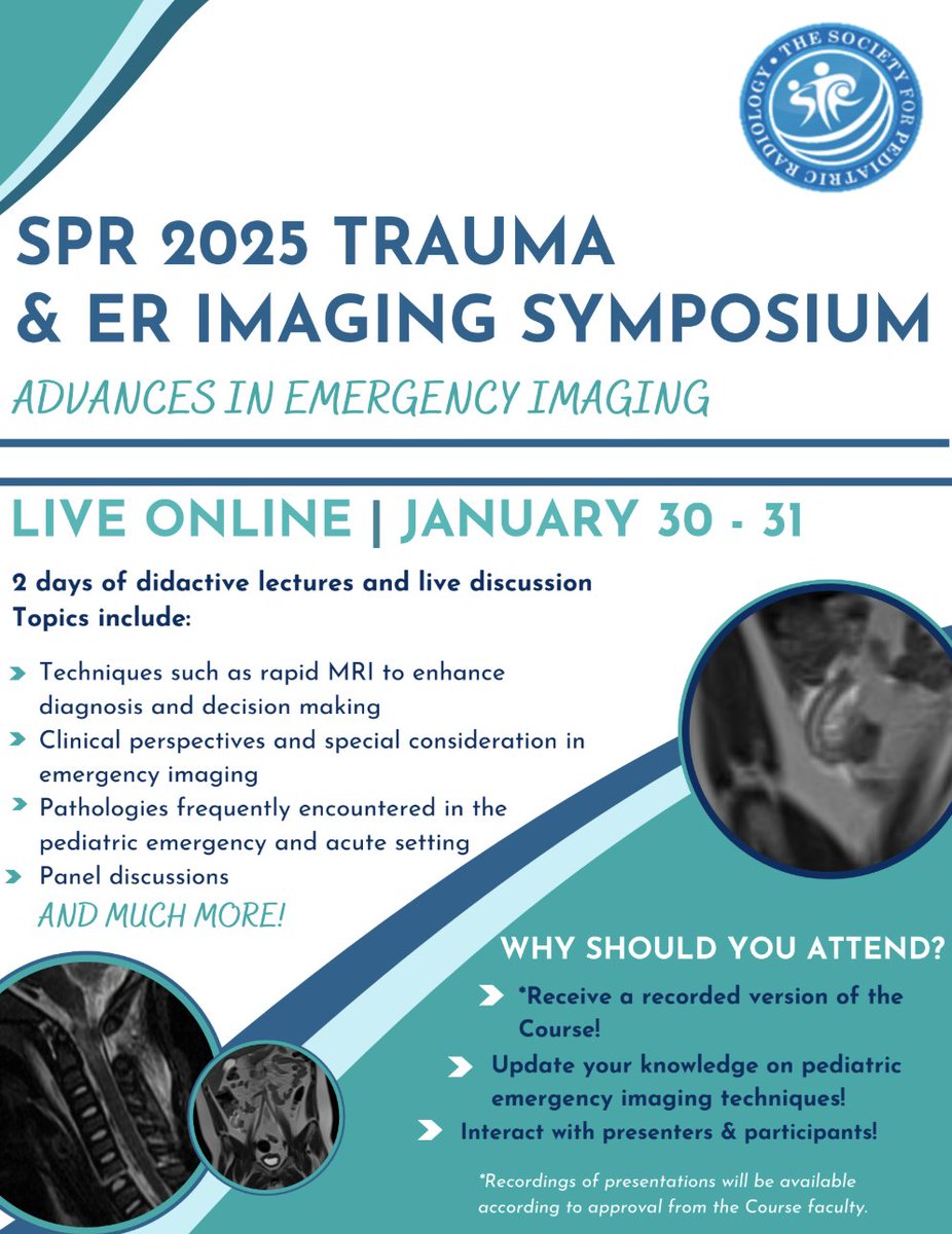 Judy Gadde, DO, MBA (@judygadde) on Twitter photo Join me at the SPR 2025 Trauma and ER Imaging Symposium Live Online – January 30-31! Registration for this live online course is available and offers deeply discounted registration fees!
Learn more about the Course <a href="/SocPedRad/">The Society for Pediatric Radiology</a> - tinyurl.com/spr2025erimage
#PedsRad #PediNeuroRad Join me at the SPR 2025 Trauma and ER Imaging Symposium Live Online – January 30-31! Registration for this live online course is available and offers deeply discounted registration fees!
Learn more about the Course <a href="/SocPedRad/">The Society for Pediatric Radiology</a> - tinyurl.com/spr2025erimage
#PedsRad #PediNeuroRad