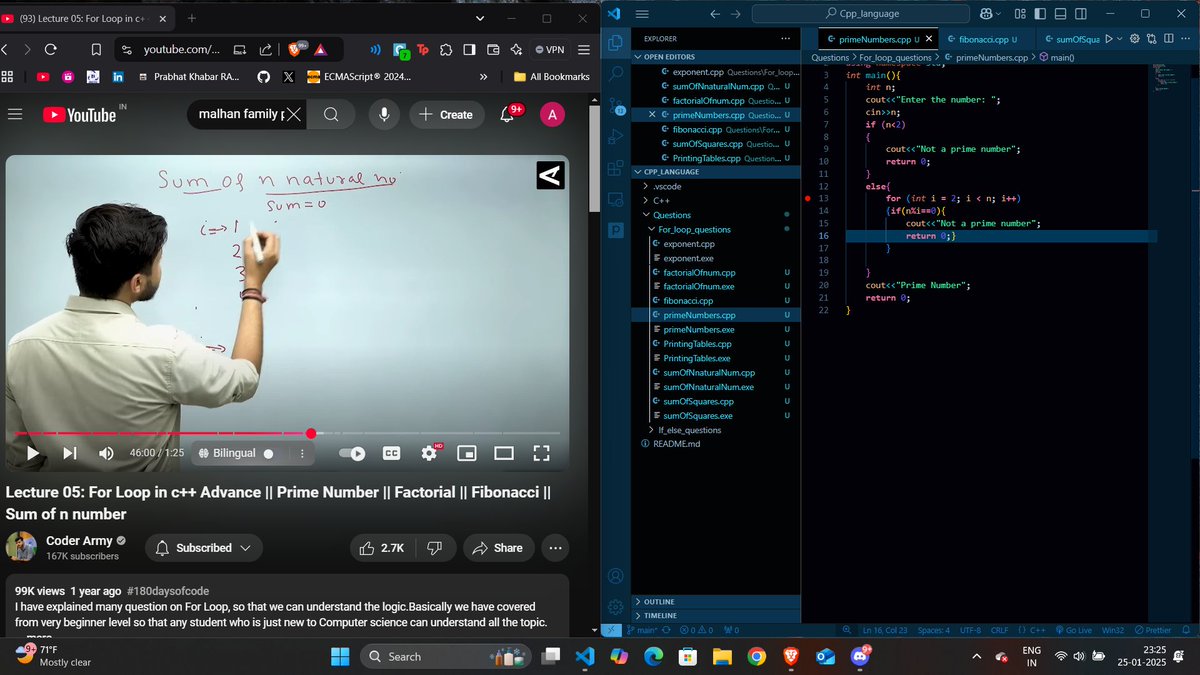 Singh__ayush4's tweet image. DAY 3 of #75daysofdsa: 3/75 ✅ #coderarmy #dsa
Things I learned today:
-Advance usage of For loops in C++
-Solved 15 questions using for loop which included problems like-Prime Numbers, Factorial, Fibonacci Series, Sum of n Numbers