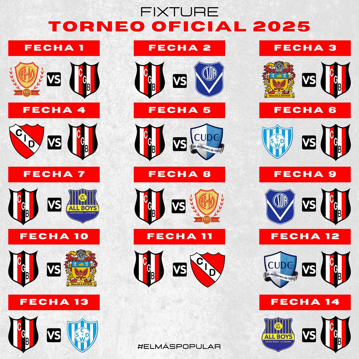 🇾🇪⚽️ Zona y Fixture para el Torneo Oficial 2025

General Belgrano formará parte de la Zona A junto a Guardia del Monte, Independiente, Unión Dep. Campos, Dep. Winifreda, Dep. Anguilense y All Boys. El interzonal de General Belgrano será ante Dep. Mac Allister.

#ElMásPopular