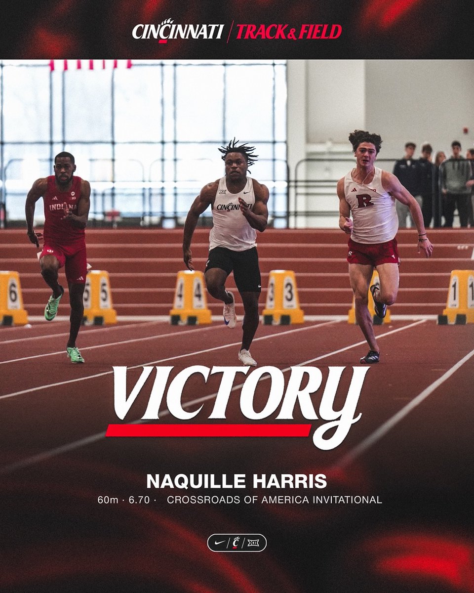 GoBearcatsTFXC's tweet photo. VICTORY🥇 

Naquille Harris clocks a 60m dash time of 6.70 to claim first place‼️ 

#Bearcats https://t.co/qHtLDus46d
