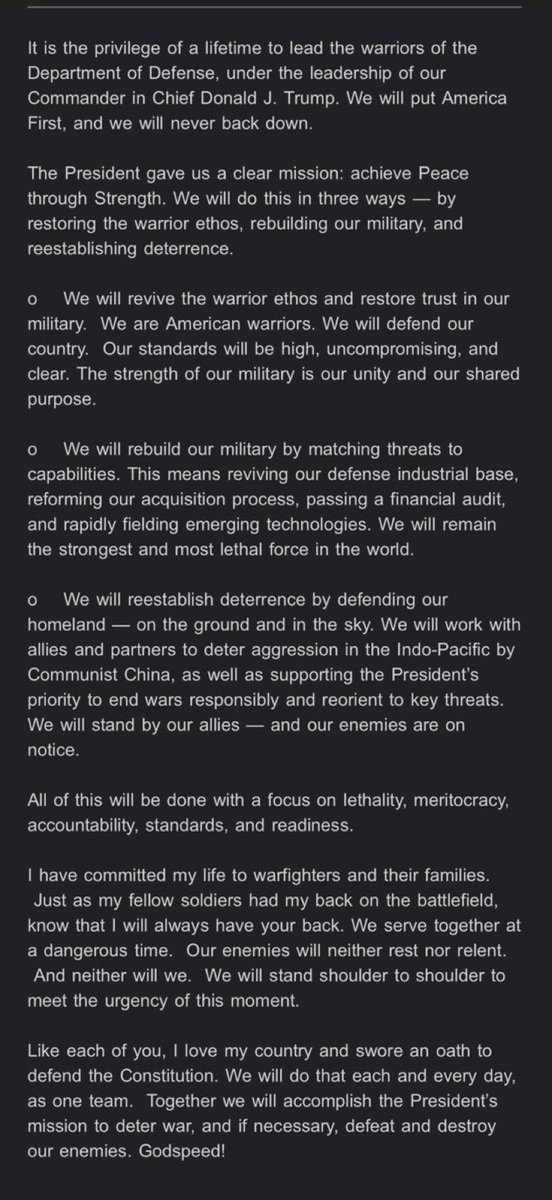 bennyjohnson's tweet photo. 🚨BREAKING: Secretary of Defense Pete Hegseth delivers his first message to the military: https://t.co/Fhzsau94UC