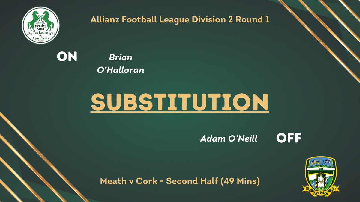 Meath GAA (@meathgaa) on Twitter photo Brian O’Halloran replaces Adam O’Neill.
<a href="/BectiveStud/">Bective Stud Tearooms & Apartments</a>
#MeathGAA #BectiveStud Brian O’Halloran replaces Adam O’Neill.
<a href="/BectiveStud/">Bective Stud Tearooms & Apartments</a>
#MeathGAA #BectiveStud