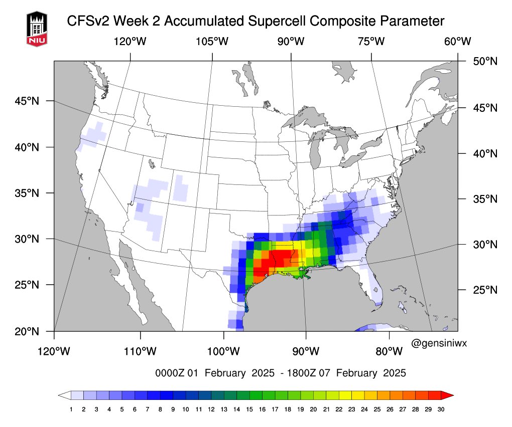 ReedTimmerUSA's tweet photo. OMG! The CFS week 2 forecast of the accumulated supercell parameter from NIU is showing an uptick in severe weather across southwestern Dixie Alley. This is ahead of the next bowling ball of storm system ejecting from the southwest late next week! Storm chase mode likely to be activated for this! 

Thank you @stormchasernick for the heads up on this