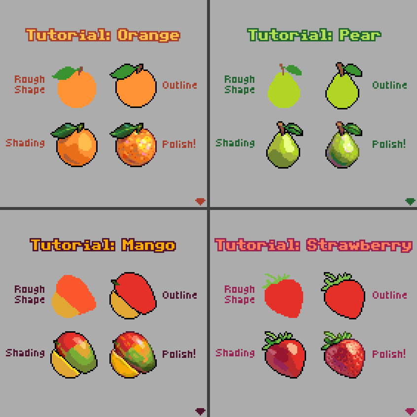 mirrutatep's tweet photo. Some fruit tutorials (fruitorials)

#pixelart https://t.co/l5fJMLdNly