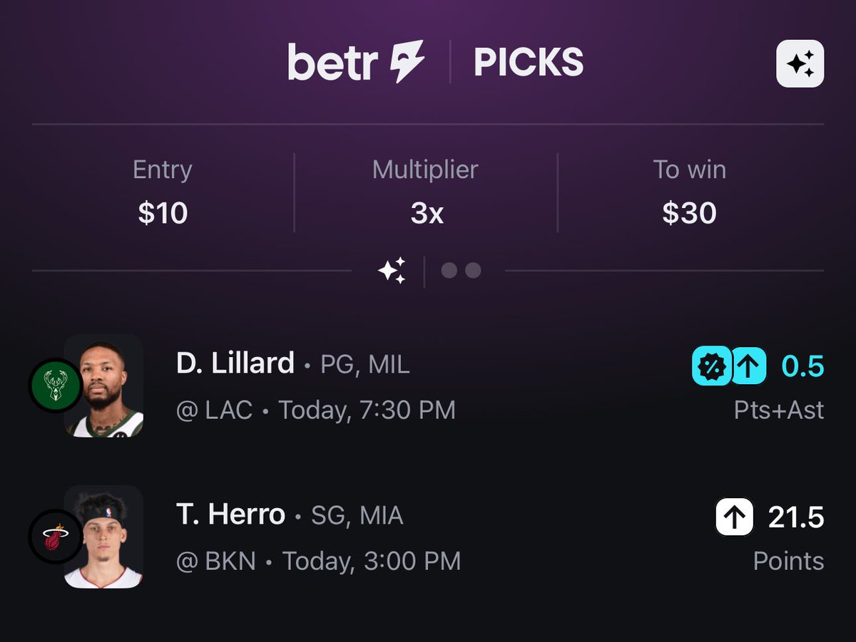 Damian Lillard Betr Promo Play

#GamblingTwitter #PrizePicks #PlayerProps #DFS #Gambling #Fliff #Sleeper #SleeperPicks #NFL #MLB #NHL #NBA