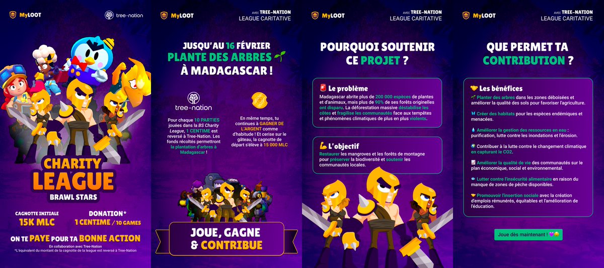mylootgaming's tweet photo. Une league Brawl Stars EXCEPTIONNELLE t'attend sur l’app jusqu’au 16 février 🔥📅✨

Avec @treenation, on te présente la BS Charity League 🤝

Un événement dingue où on te paye pour faire une bonne action 💜

Tu JOUES, tu GAGNES et tu PLANTES DES ARBRES à Madagascar 🌱💪 https://t.co/pHrorzadRl
