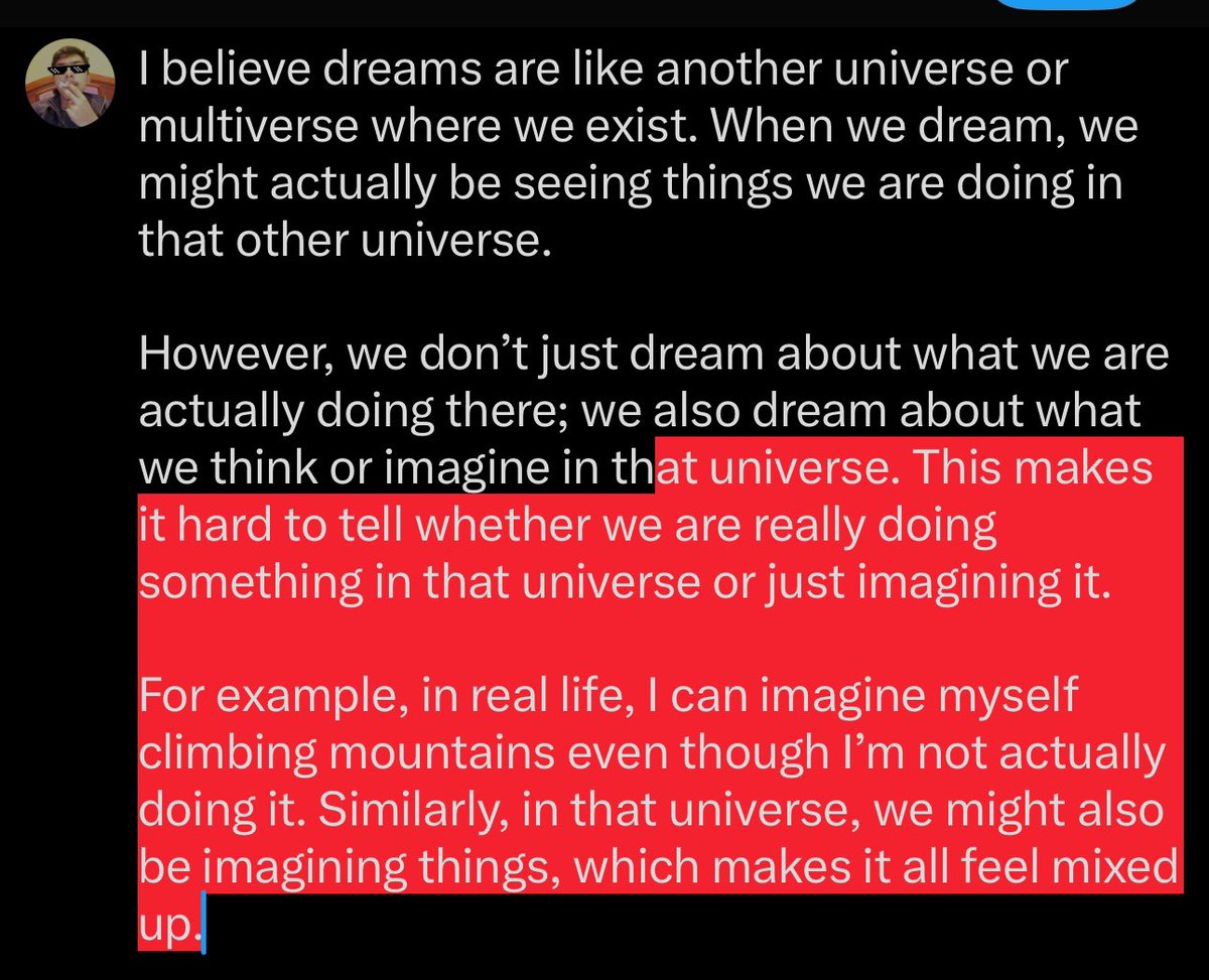 N15H18's tweet photo. I believe dreams are like another universe or multiverse where we exist. When we dream, we might actually be seeing things we are doing in that other universe.

However, we don’t just dream about what we are actually doing there; we also dream about what we think or imagine https://t.co/HCjoimaDtG