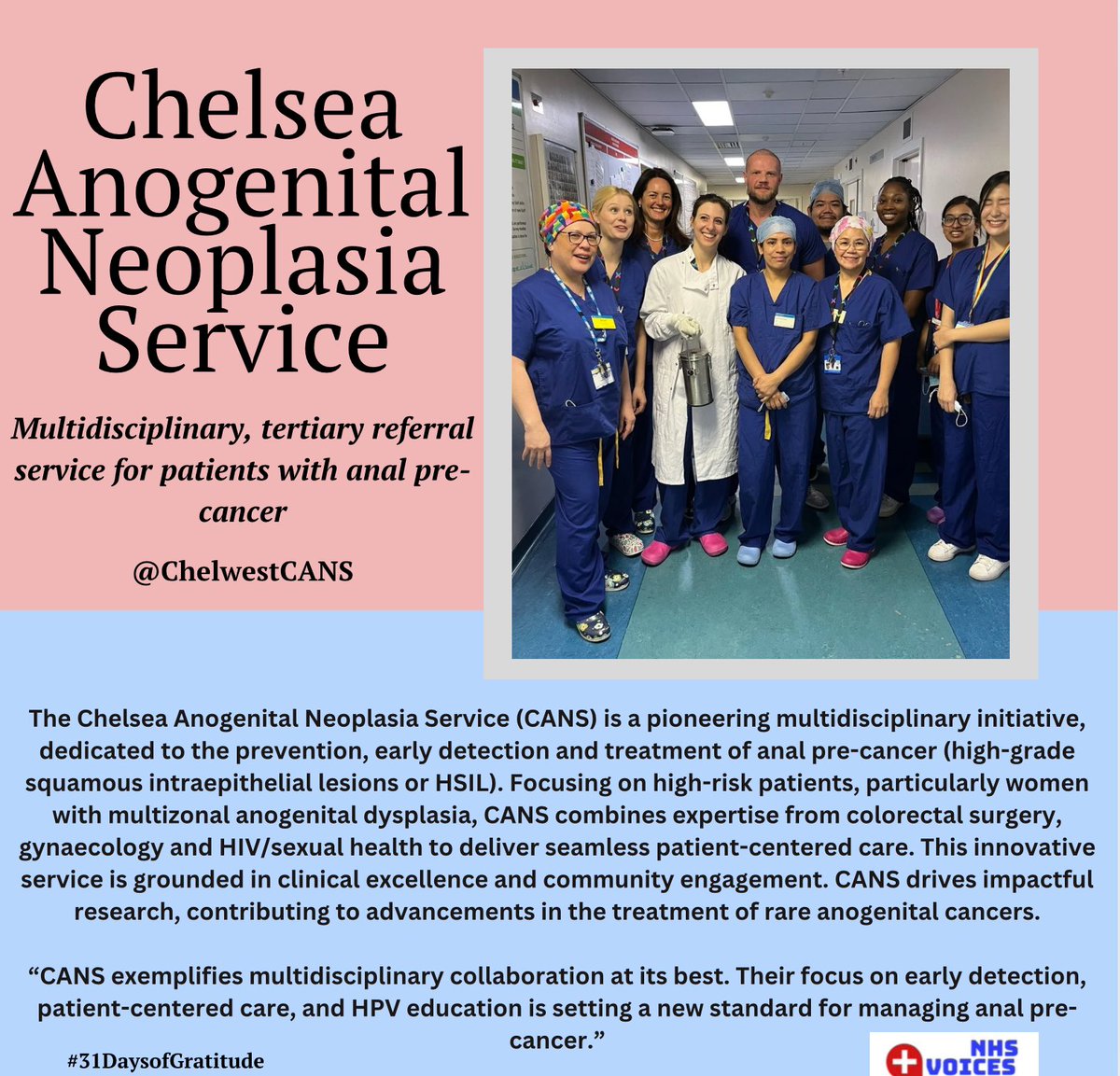 <a href="/NHSuk/">NHS</a> 🌟 Day 25 of Gratitude: Chelsea Anogenital Neoplasia Service <a href="/ChelwestCans/">CANS</a> 🌟

👥 Multidisciplinary service dedicated to the prevention, treatment and surveillance of anal pre-cancer (HSIL) in high-risk patients.

#31DaysOfGratitude #CancerCare #HPVAwareness #NHS_Voices <a href="/NHSuk/">NHS</a>